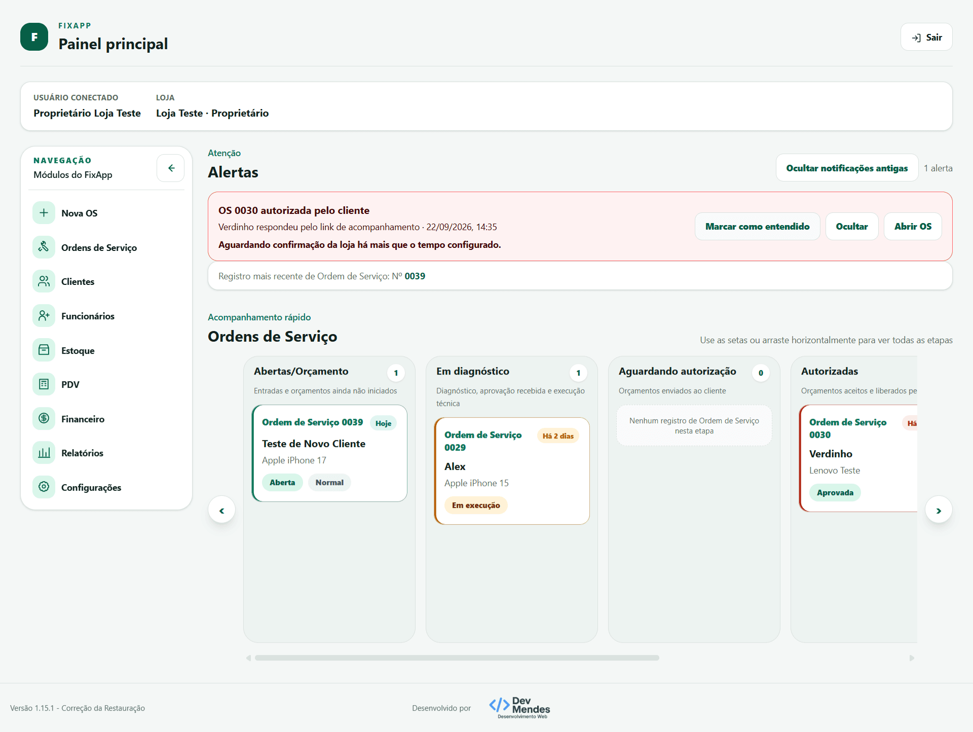 Tela principal do sistema FixApp